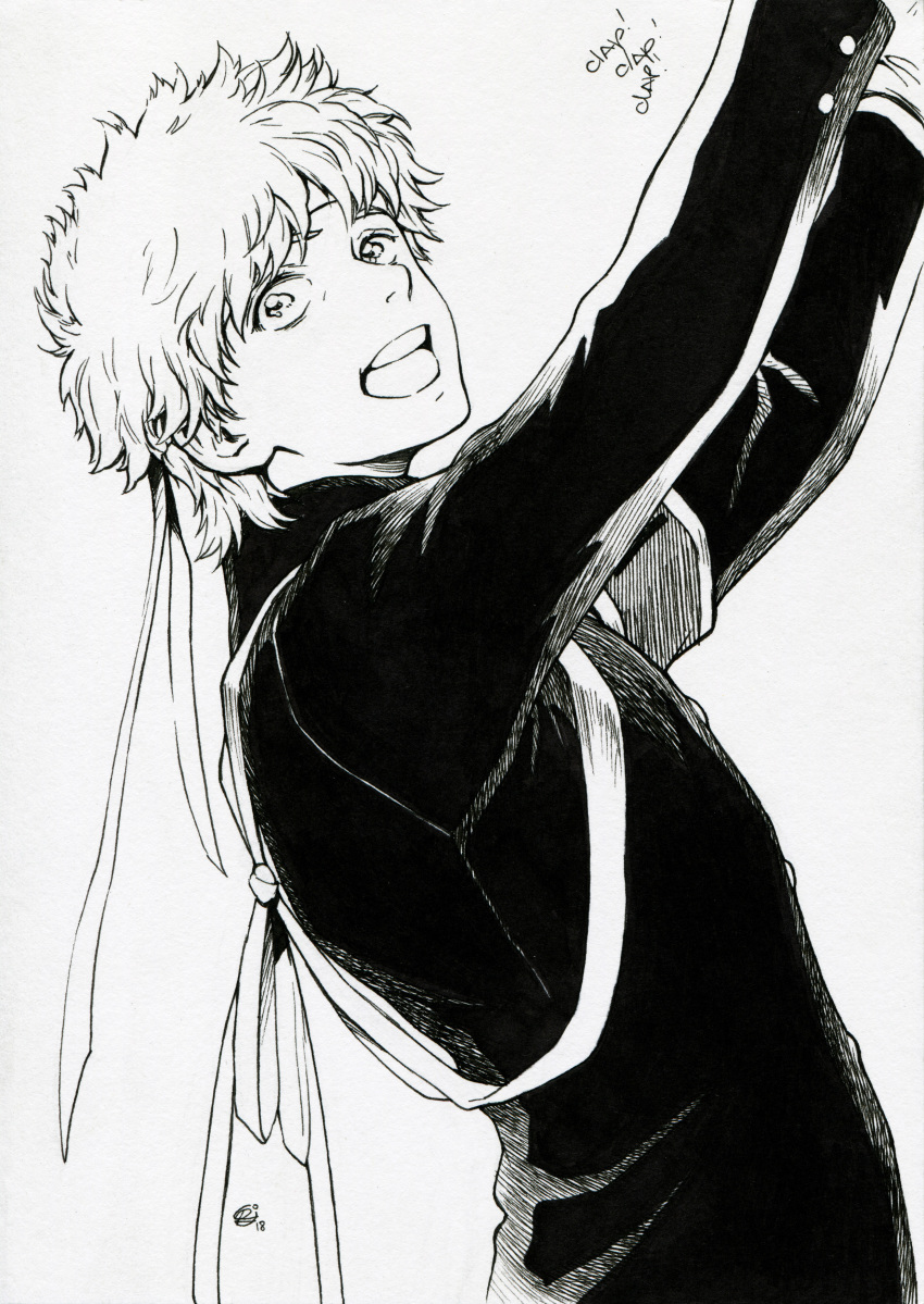 1boy, :d, absurdres, armband, cheerleader, chernotrav, greyscale, hamada_yoshirou