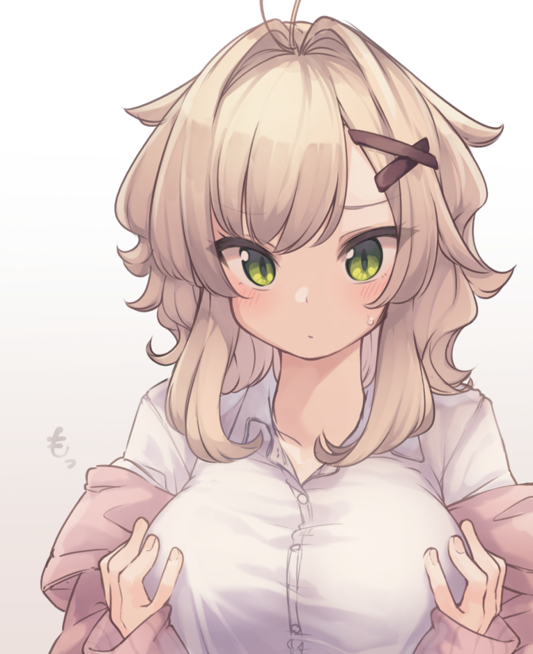 1girl, antenna_hair, bangs, blush, breast_lift, breasts, brown_background, brown_cardigan