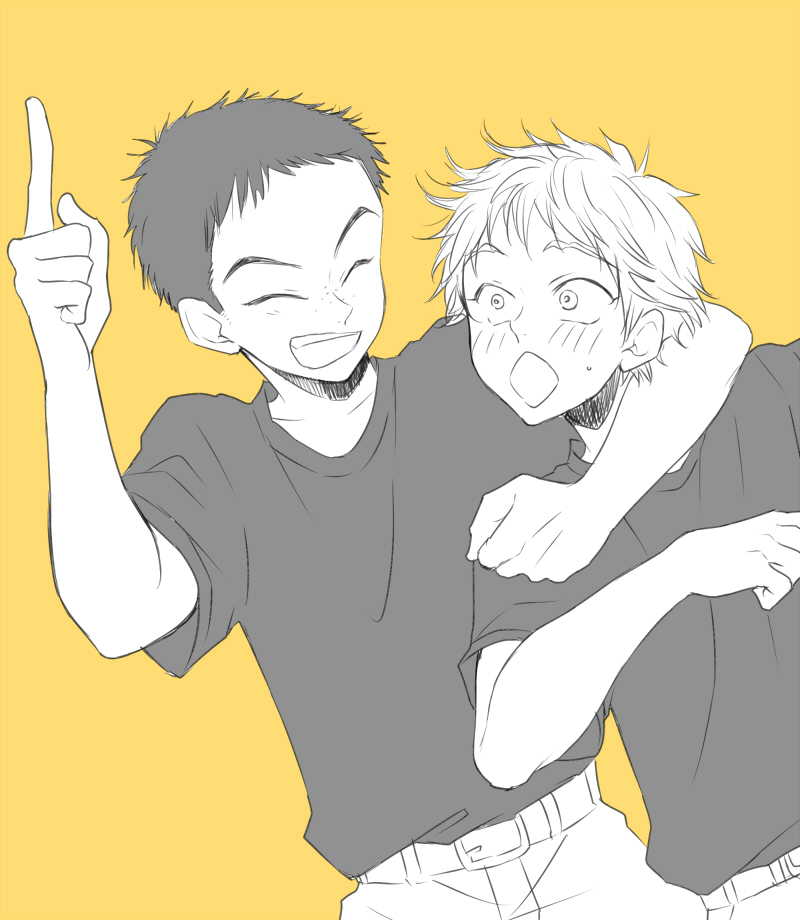 2boys, :d, :o, arm_around_neck, black_hair, black_shirt, blush, freckles