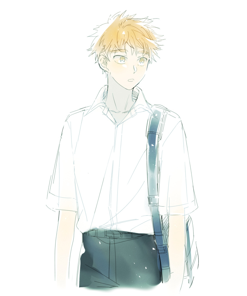 1boy, bag, black_pants, bookbag, highres, male_focus, mihashi_ren, onigiri_booo, ookiku_furikabutte, orange_hair, pants, school_uniform, shirt, sketch, solo, standing, white_background, white_shirt