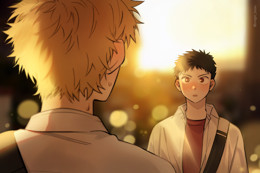 2boys, artist_name, black_hair, blurry, blurry_background, blush, brown_hair, from_behind, looking_at_another, male_focus, mihashi_ren, multiple_boys, onigiri_booo, ookiku_furikabutte, red_shirt, shirt, sweatdrop, tajima_yuuichirou, upper_body, white_shirt, yaoi