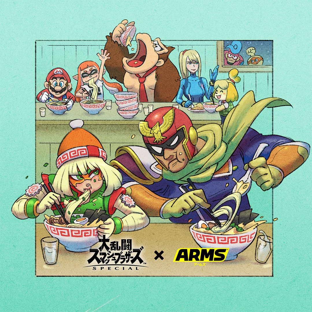 arms_(game), beanie, blonde_hair, bodysuit, bowl, captain_falcon, chopsticks, cobushii_(arms)