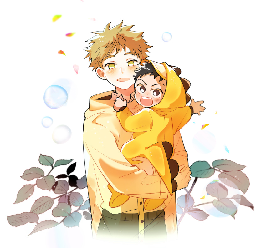 2boys, :d, black_hair, blush, brown_eyes, dinosaur_costume, highres, holding