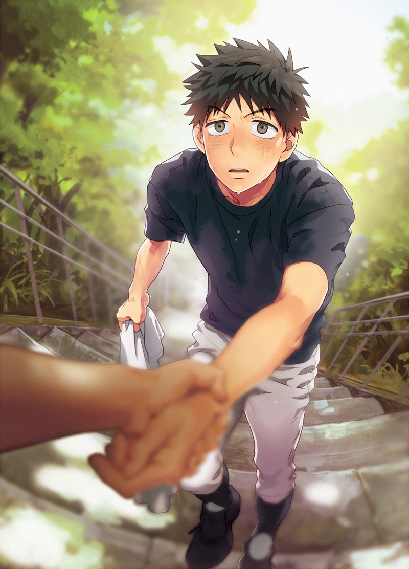 1boy, abe_takaya, black_eyes, black_footwear, black_hair, black_shirt, da_kata, day