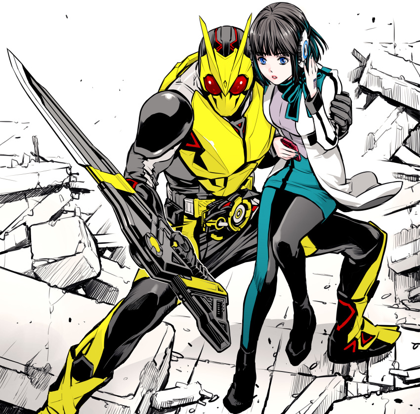 1boy, 1girl, absurdres, bangs, black_hair, blue_eyes, fighting_stance, hiden_aruto, highres, holding, holding_sword, holding_weapon, humagear_headphones, is_(kamen_rider_01), kamen_rider, kamen_rider_01_(series), kamen_rider_zero-one, open_mouth, parashima_tenko, pencil_dress, power_armor, red_eyes, short_hair, sword, weapon