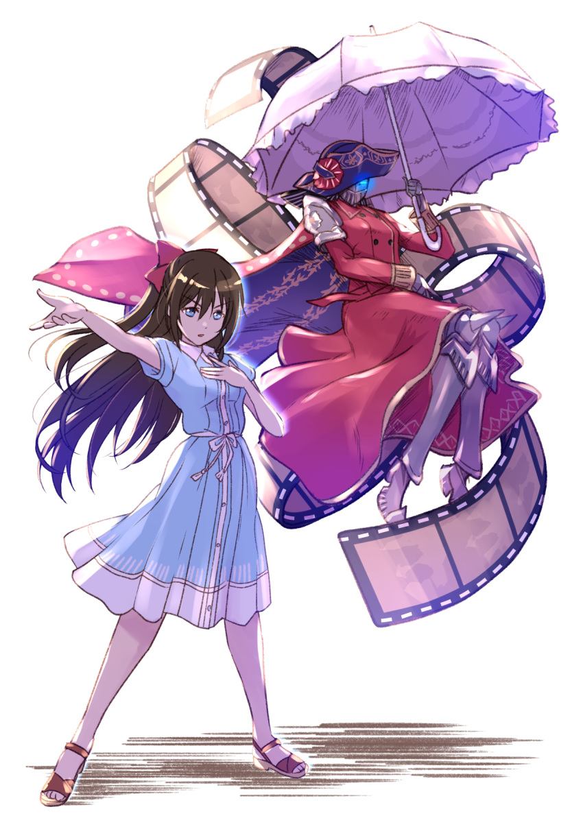 1girl, audrey_(love_live!), brown_footwear, dress, film_strip, full_body, hand_on_own_chest, highres, jojo_no_kimyou_na_bouken, love_live!, love_live!_school_idol_festival_all_stars, ousaka_shizuku, outstretched_arm, perfect_dream_project, sandals, shamakho, stand_(jojo), umbrella