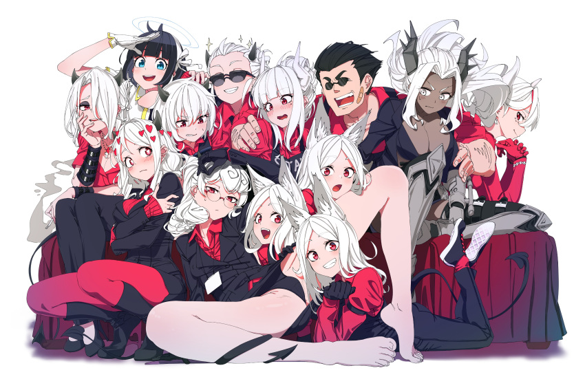 1boy, 6+girls, :d, absurdres, animal_ears, apron, arm_up, azazel_(helltaker)
