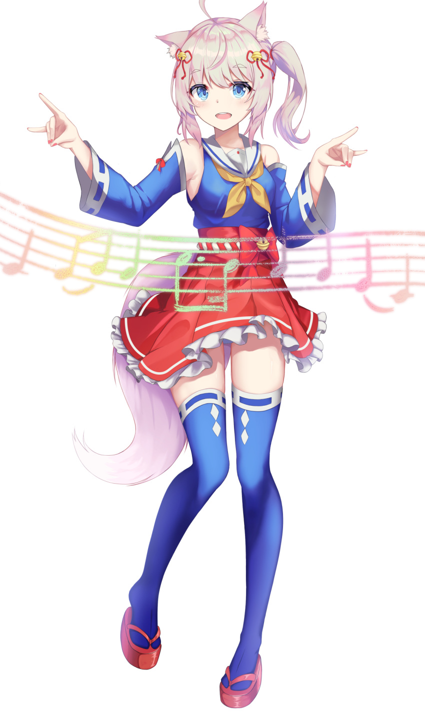 1girl, ahoge, animal_ears, bangs, bare_shoulders, blue_eyes, blue_legwear, blue_shirt