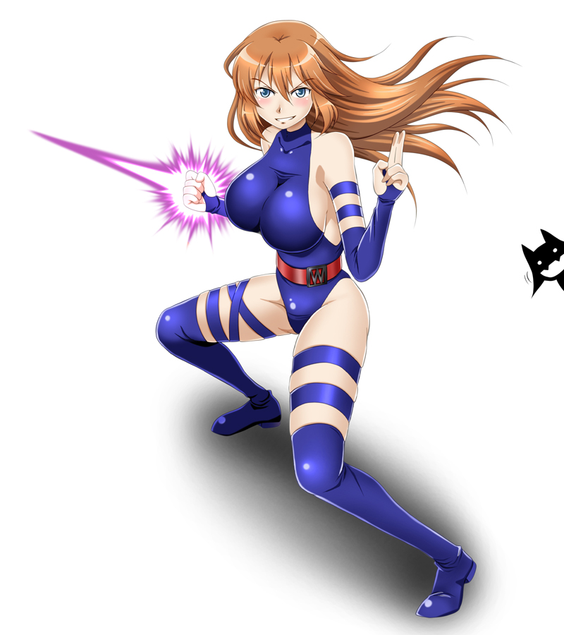 2girls, blue_eyes, blue_legwear, blue_leotard, blush, breasts, brown_hair, charlotte_e_yeager