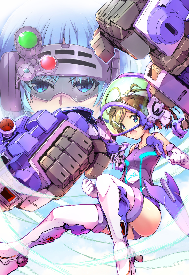 2girls, ahoge, amagi_shizuru, aoki_ryuusei_spt_layzner, blue_eyes, blue_hair, brown_hair, clenched_hands