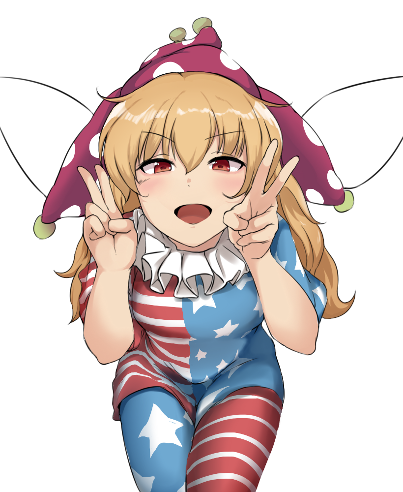 1girl, american_flag_dress, american_flag_legwear, blonde_hair, clownpiece, double_v, dress, fairy_wings