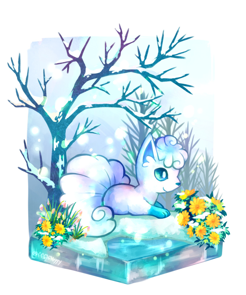 alolan_form, alolan_vulpix, artist_name, bare_tree, blue_sclera, border, closed_mouth, commentary_request, flower, full_body, gen_7_pokemon, grass, happy, highres, ice, no_humans, outdoors, pink_flower, pokemon, pokemon_(creature), signature, sitting, smile, snow, snowing, solo, tree, twitter_username, white_border, white_eyes, yellow_flower, yyy9696yyy