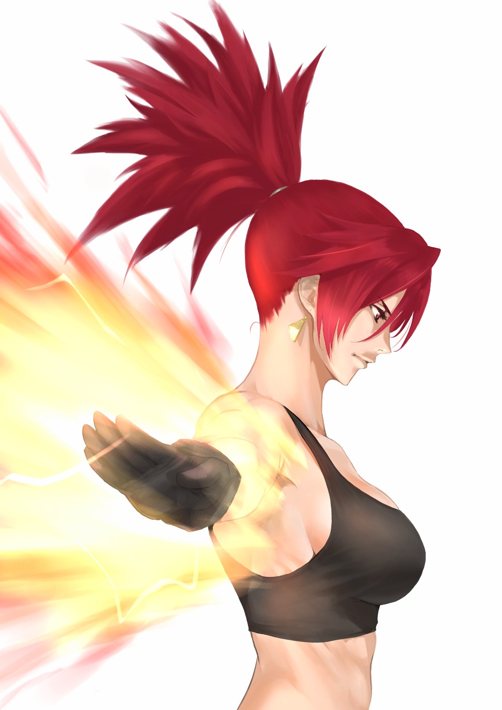 1girl, anagumasan, armpits, bangs, bare_shoulders, black_gloves, breasts, earrings