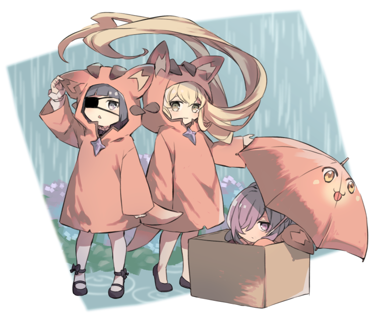 3girls, animal_ears, black_hair, blonde_hair, blush, box, cardboard_box, commentary_request