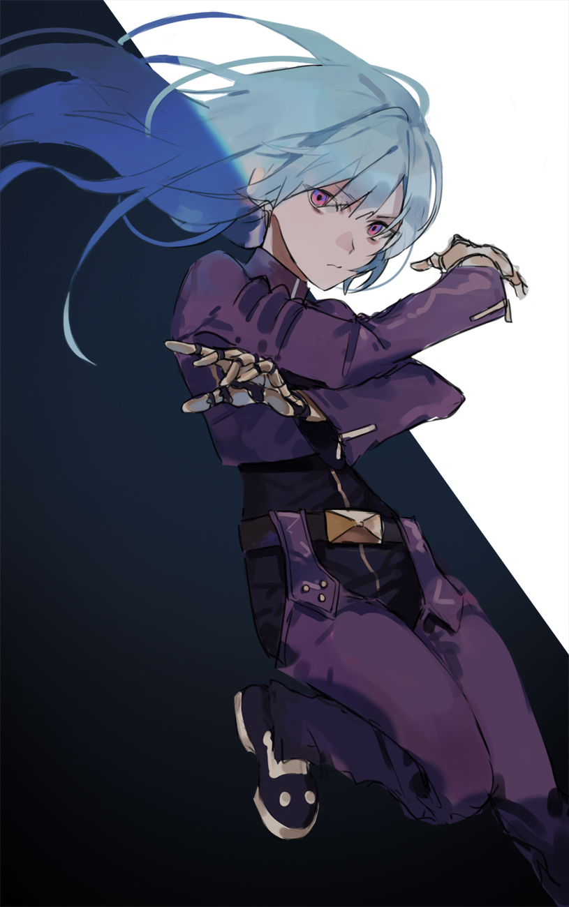 1girl, blue_hair, bodysuit, chaps, gloves, highres, kula_diamond, long_hair, looking_at_viewer, otuming0202, solo, the_king_of_fighters, violet_eyes
