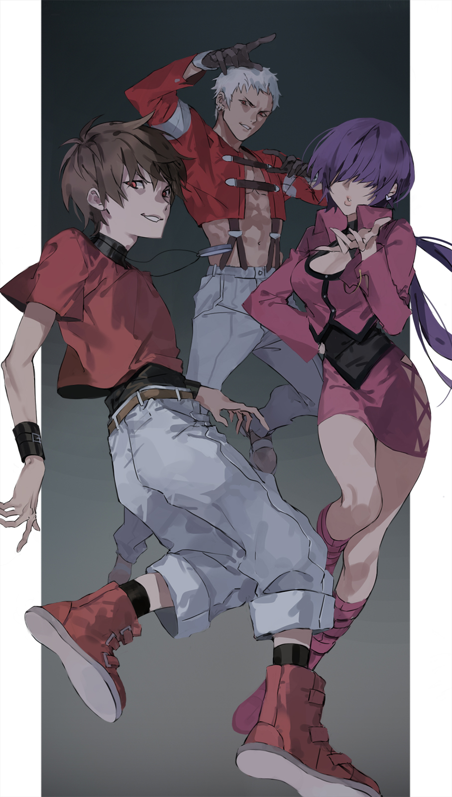 1girl, 2boys, bangs, brown_hair, chris_(kof), covered_eyes, dress, gloves