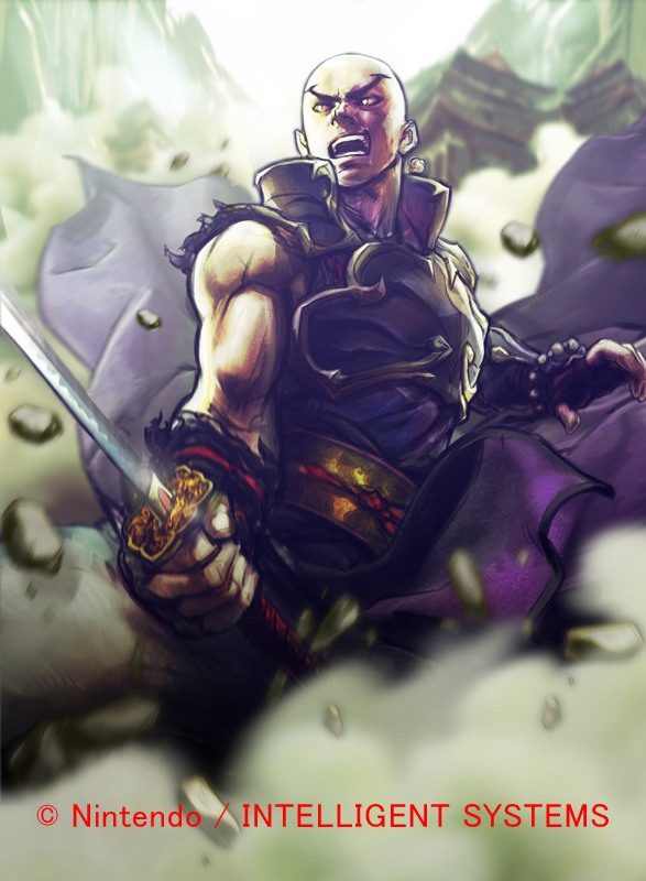 1boy, armor, bald, belt, bracelet, fingerless_gloves, fire_emblem, fire_emblem_cipher, fire_emblem_fates, fuga_(fire_emblem), gloves, hiroaki_(kof), japanese_armor, jewelry, katana, official_art, open_mouth, rock, scar, solo, sword, teeth, weapon