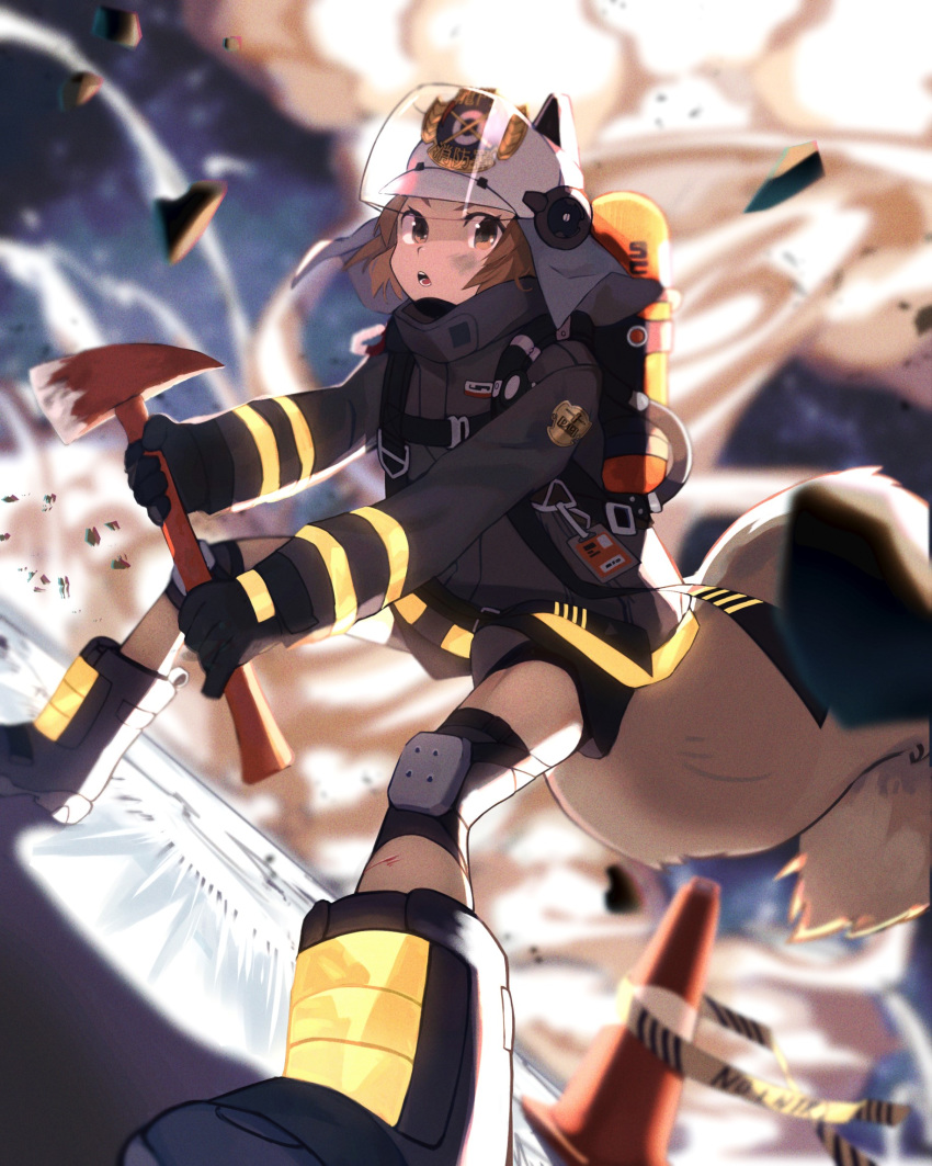 1girl, arknights, axe, black_gloves, boots, brown_eyes, brown_hair, explosion
