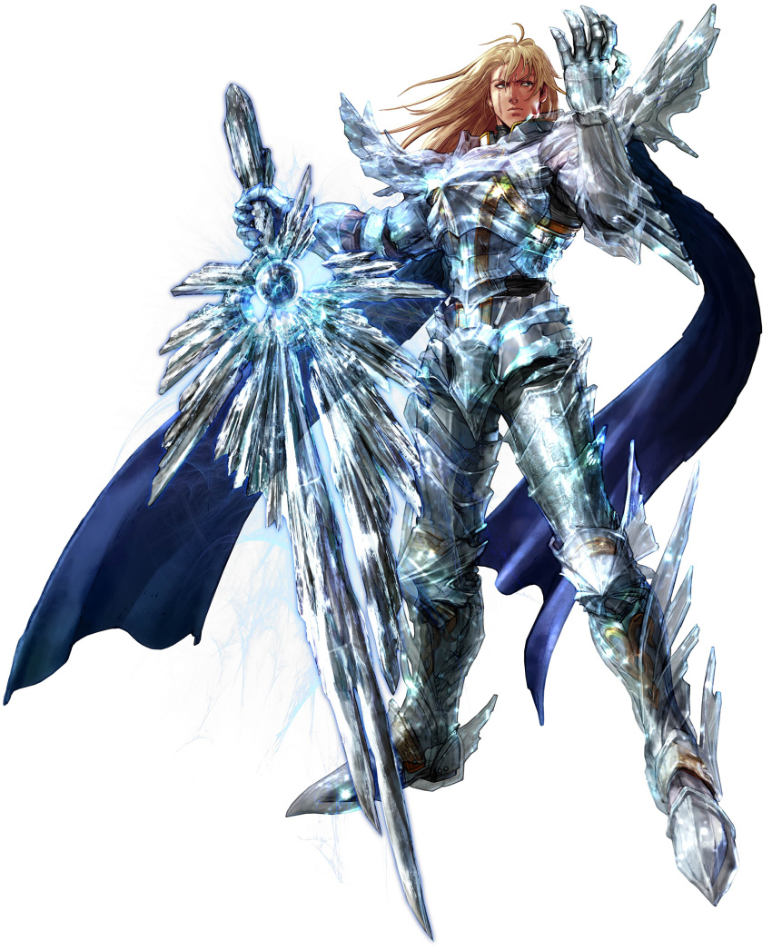 1boy, armor, blonde_hair, breastplate, crystal, full_armor, gauntlets, greaves