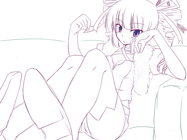 drill_hair, monochrome, nagami_yuu, pinata_party, purple, purple_eyes, reclining, sekaiju_no_meikyuu