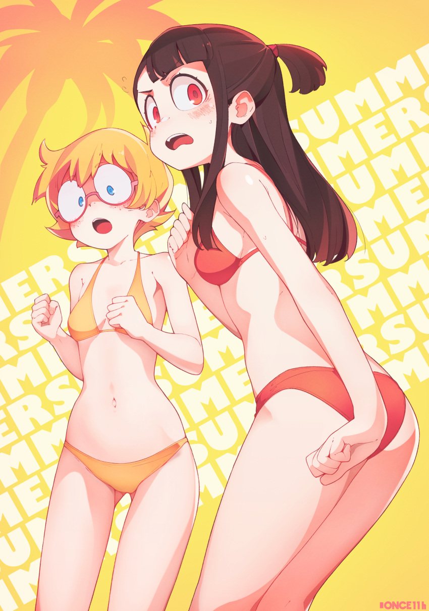 2girls, absurdres, ass, ass_visible_through_thighs, bangs, bikini, blonde_hair, blue_eyes