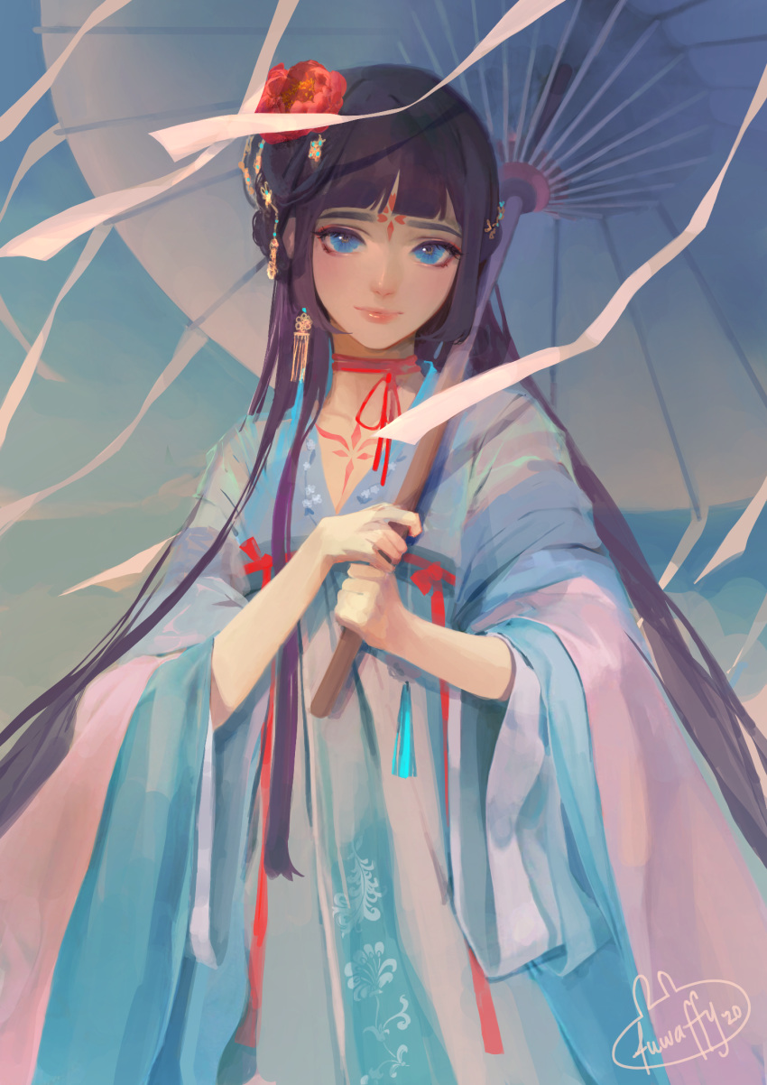 1girl, artist_name, bangs, blind, blue_dress, blue_eyes, character_name, chinese_clothes