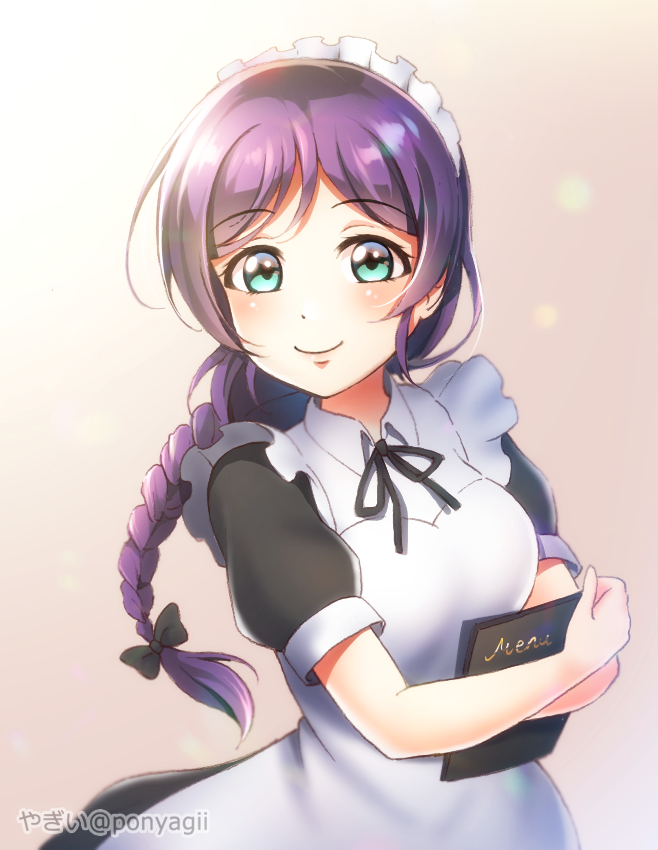 1girl, alternate_costume, alternate_hairstyle, apron, aqua_eyes, black_dress, blush, braid