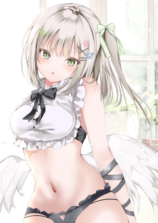 1girl, angel_wings, bare_shoulders, black_panties, bow, bowtie, breasts, feathered_wings