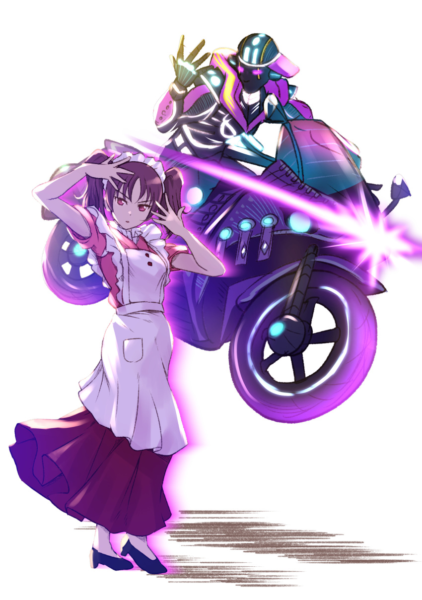 1girl, apron, dazzling_white_town, full_body, ground_vehicle, helmet, highres, jojo_no_kimyou_na_bouken
