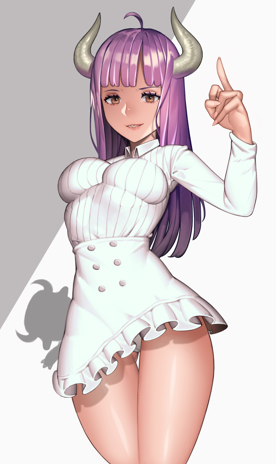 1girl, ahoge, bangs, blunt_bangs, breasts, brown_eyes, commentary_request, curled_horns, dress, eyebrows_visible_through_hair, grey_background, highres, horns, long_hair, long_sleeves, looking_at_viewer, medium_breasts, one_piece, panties, pantyshot, purple_hair, sharp_teeth, sheep_horns, simple_background, solo, teeth, tungsten, ulti_(one_piece), underwear, white_background, white_panties