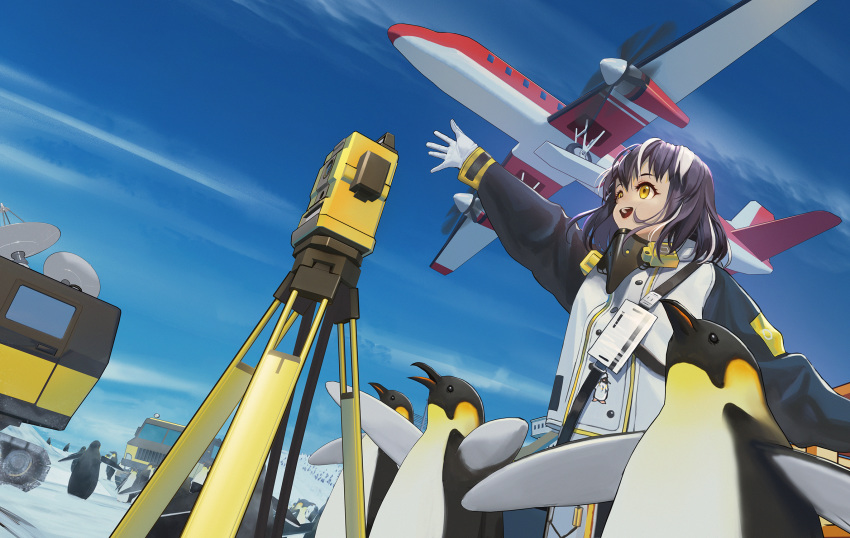 1girl, :d, aircraft, airplane, arknights, arm_up, bangs, bird