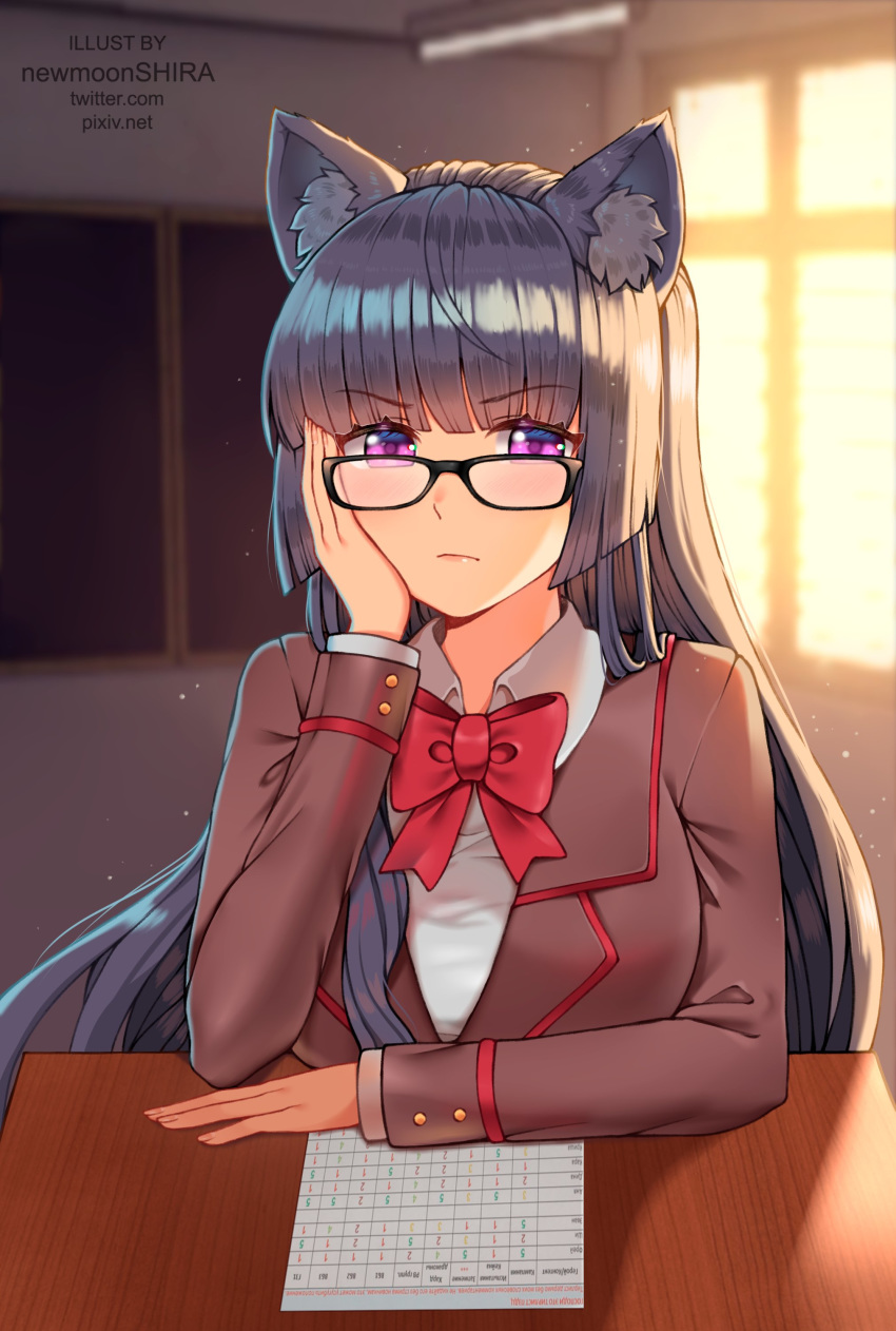 1girl, absurdres, animal_ears, artist_name, bangs, bespectacled, black-framed_eyewear, black_hair