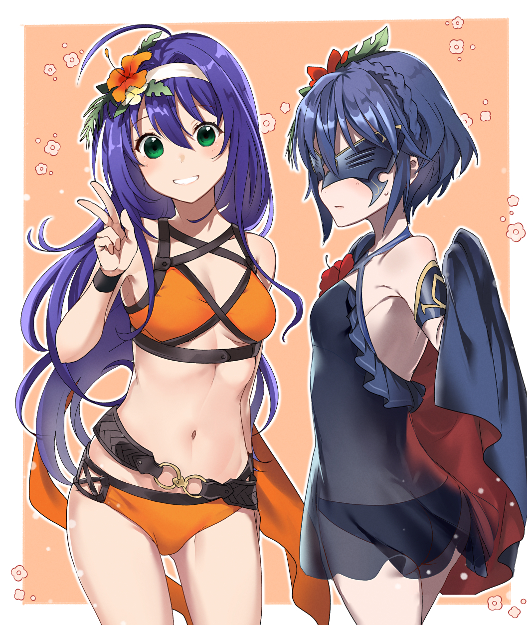 2girls, ahoge, back, bare_shoulders, bikini, blue_hair, blue_swimsuit, blush, bracelet, braid, breasts, butt_crack, cape, closed_mouth, commentary, crown_braid, eyebrows_visible_through_hair, fire_emblem, fire_emblem:_radiant_dawn, fire_emblem_awakening, fire_emblem_heroes, flower, green_eyes, hair_between_eyes, hair_flower, hair_ornament, haru_(nakajou-28), headband, highres, jewelry, long_hair, looking_at_viewer, lucina, lucina_(fire_emblem), marth_(fire_emblem_awakening), mask, masked, mia_(fire_emblem), multiple_girls, navel, orange_flower, orange_swimsuit, purple_hair, red_flower, short_hair, smile, stomach, swimsuit