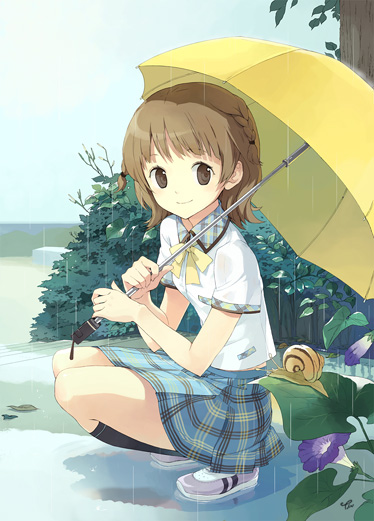 braid, brown_eyes, brown_hair, flower, kneehighs, morning_glory, official_art, rain