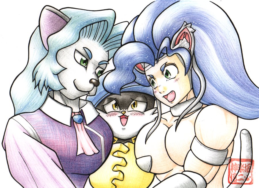 1boy, 2girls, animal_ears, artist_request, blue_hair, blue_headwear, breasts, cabbit, capcom, cat_ears, cat_tail, dress, erma_(tenchi_muyou!_gxp), felicia, felikichi, gloves, green_eyes, group_hug, hug, kaze_no_klonoa, klonoa, multiple_girls, purple_dress, tail, tenchi_muyou!, tenchi_muyou!_gxp, vampire_(game), white_fur, yellow_eyes, yellow_gloves