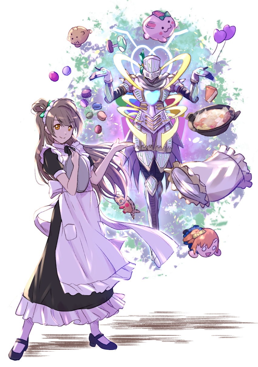 1girl, apron, cheesecake, fish, food, full_body, heart_balloon, highres
