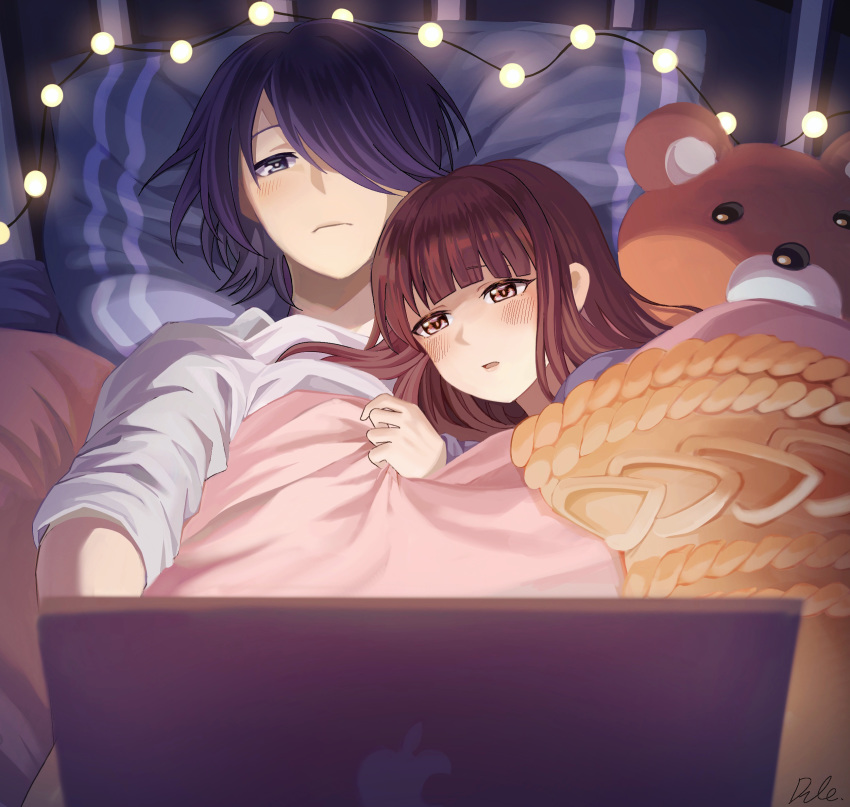1boy, 1girl, bed, black_eyes, blanket, brown_eyes, brown_hair, closed_mouth