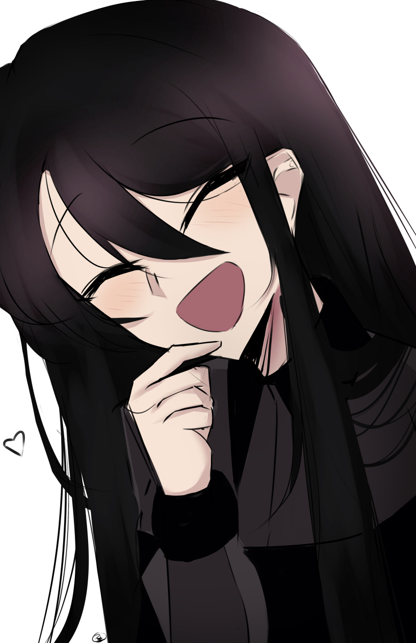 absurdres, black_hair, black_shirt, blush, character_request, closed_eyes, copyright_request, eyebrows_visible_through_hair