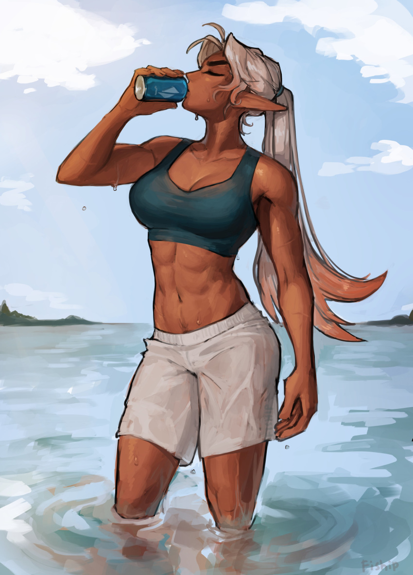 abs, absurdres, breasts, closed_eyes, clouds, dark_elf, dark_skin, drink
