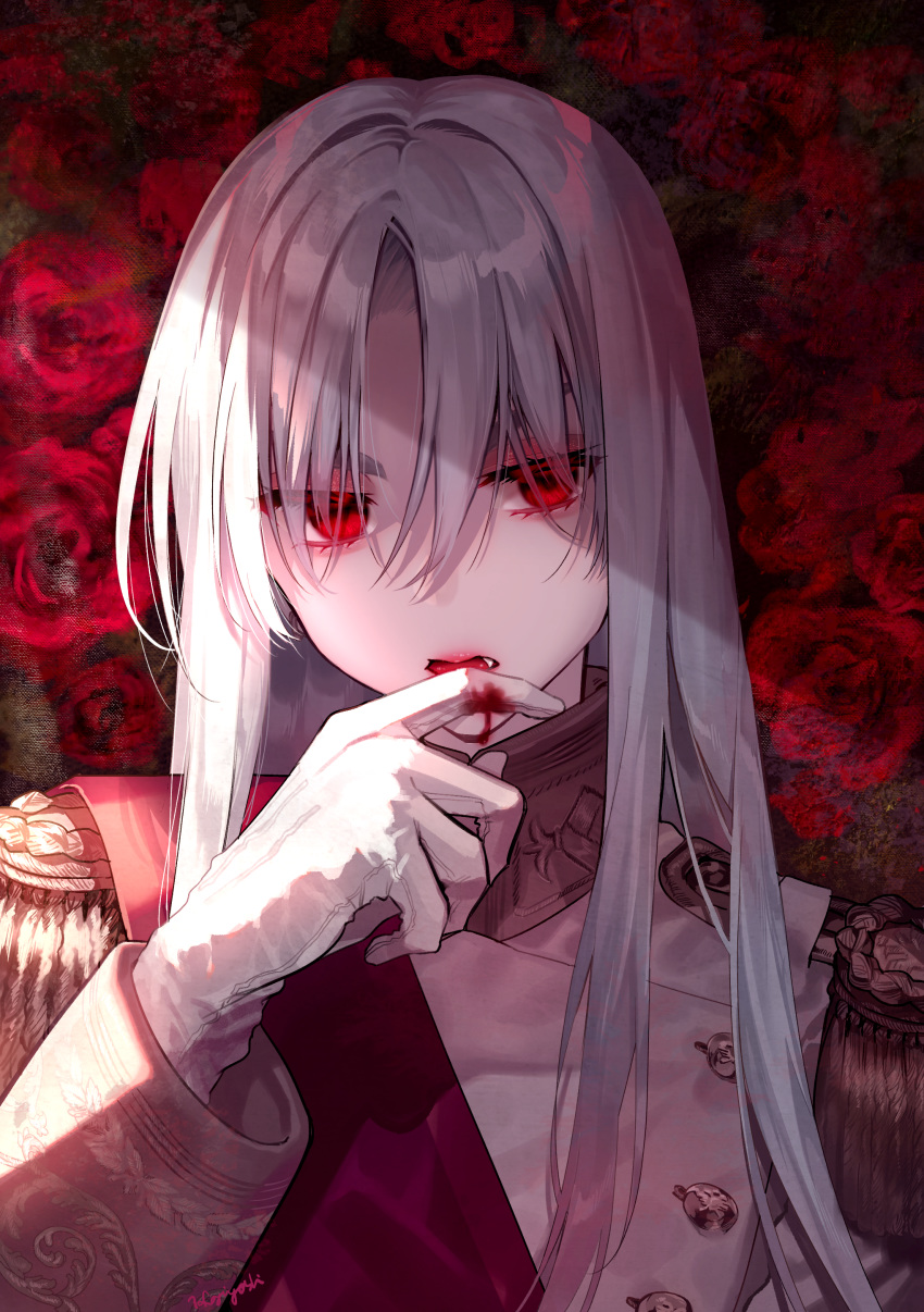 1boy, absurdres, bishounen, blood, bloody_clothes, bloody_hands, eyes_visible_through_hair, face, fang, finger_licking, florists_daisy, flower, gloves, highres, ivan_iv_(florists_daisy), licking, long_hair, male_focus, original, parted_lips, red_eyes, red_flower, red_rose, rose, solo, tongue, uniform, upper_body, vampire, white_gloves, white_hair