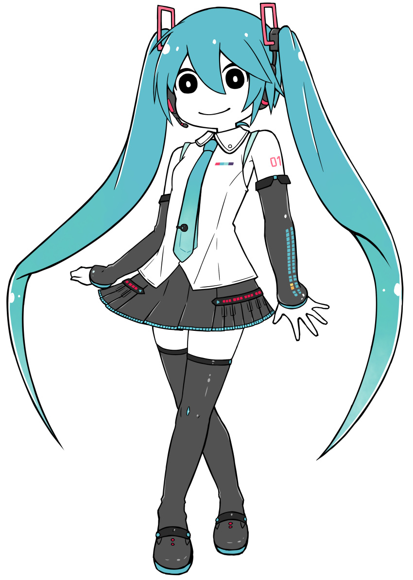 1girl, absurdres, aqua_eyes, aqua_hair, aqua_neckwear, bare_shoulders, black_eyes, black_legwear