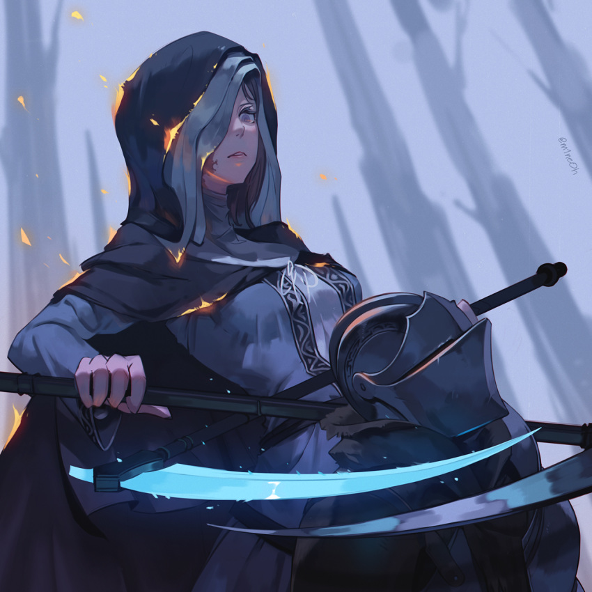 1girl, 1other, ambiguous_gender, armor, ashen_one_(dark_souls_3), blurry, blurry_background, chosen_undead, cloak, dark_souls_iii, dual_wielding, dutch_angle, full_armor, grey_eyes, habit, helmet, highres, holding, hood, hooded_cloak, jiro_(ninetysix), photoshop_(medium), plate_armor, scythe, short_hair, sister_friede, souls_(from_software)