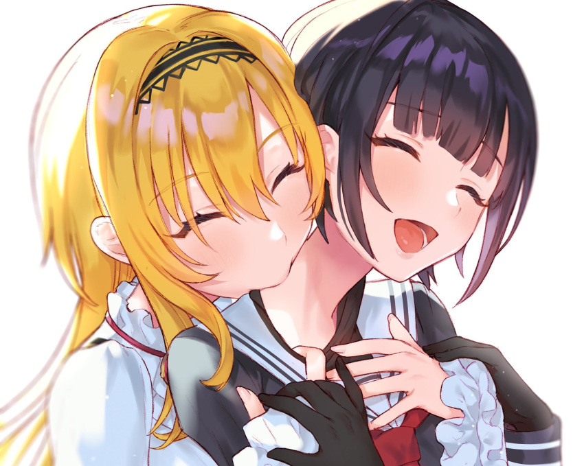 2girls, bangs, biting, black_gloves, black_hair, black_hairband, black_serafuku, black_shirt