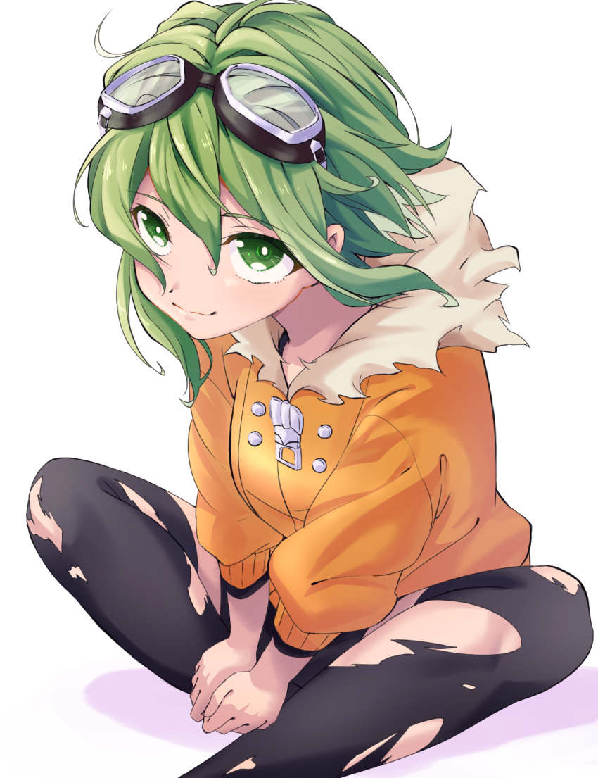 1girl, black_legwear, coat, commentary, fur-trimmed_coat, fur_trim, goggles, goggles_on_head