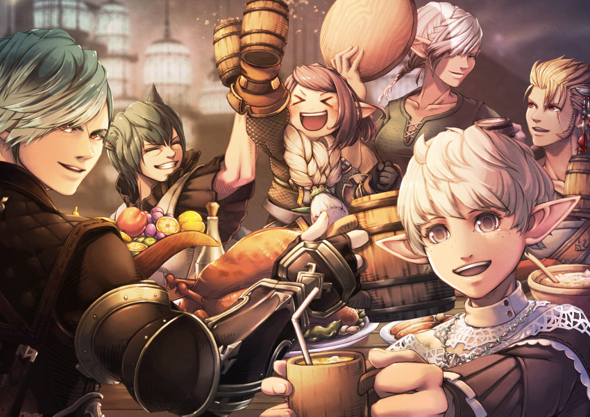 >_<, 2girls, 4boys, alcohol, animal_ears, aqua_hair, bangs, beer_mug, blonde_hair, blush, brown_hair, cat_ears, cerigg, collarbone, cup, elezen, elf, facial_hair, final_fantasy, final_fantasy_xiv, fingerless_gloves, food, giott, gloves, glynard, granson, green_hair, grey_eyes, highres, holding, holding_cup, hyur, indoors, lalafell, looking_at_another, looking_at_viewer, lue-reeq, mihira_(tainosugatayaki), miqo'te, mug, multiple_boys, multiple_girls, open_mouth, photoshop_(medium), pointy_ears, red_eyes, scar, scar_across_eye, short_hair, smile, swept_bangs, taynor, vambraces, white_hair
