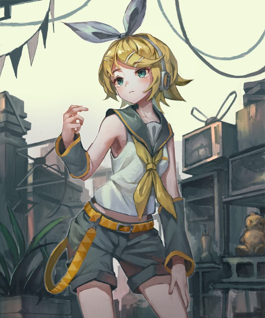 1girl, arm_warmers, bare_shoulders, belt, blue_eyes, bow, cable, cinder_block