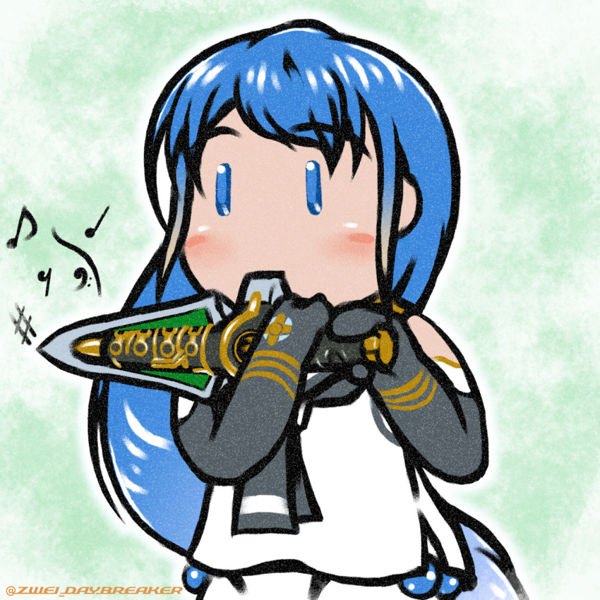black_gloves, blue_eyes, blue_hair, elbow_gloves, flute, gimp_(medium), gloves, green_background, highres, instrument, kantai_collection, mighty_morphin_power_rangers, musical_note, samidare_(kantai_collection), school_uniform, serafuku, sleeveless, zwei_(daybreaker_lounge)
