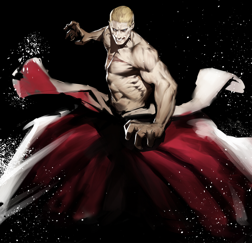 1boy, abs, bare_chest, black_background, blonde_hair, blue_eyes, fatal_fury, geese_howard