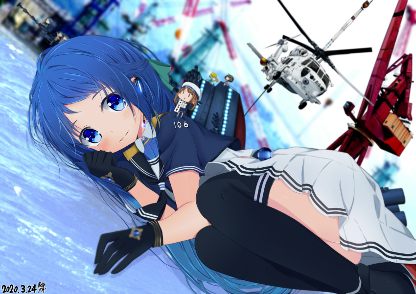 4girls, aircraft, bangs, black_gloves, black_legwear, blue_eyes, blue_hair, commentary_request, crane_(machine), dated, dutch_angle, elbow_gloves, fairy_(kantai_collection), gloves, gradient_hair, helicopter, highres, k_b_sho, kantai_collection, long_hair, lying, machinery, multicolored_hair, multiple_girls, on_side, samidare_(jmsdf), samidare_(kantai_collection), school_uniform, serafuku, shirt, sleeveless, sleeveless_shirt, solo_focus, swept_bangs, thigh-highs, very_long_hair