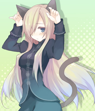 animal_ears, blue_eyes, blush, brown_hair, caramelldansen, cat_ears, cat_pose, colored_eyelashes, hair_over_one_eye, hands, koto_(colorcube), koto_(pixiv23906), lowres, paw_pose, shy, solo, tail, tales_of_(series), tales_of_the_abyss, tear_grants